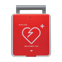 Zestaw składający się z defibrylatora AED Reanibex 100 w wersji automatycznej oraz półautomatycznej oraz wybranego opakowania.